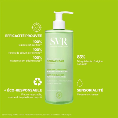 SVR Sebiaclear Gel Moussant 400ml – Soins peau grasse, mixte et acné / Nettoyage | Sebiaclear - Visage Tunisie | Miral Parapharm