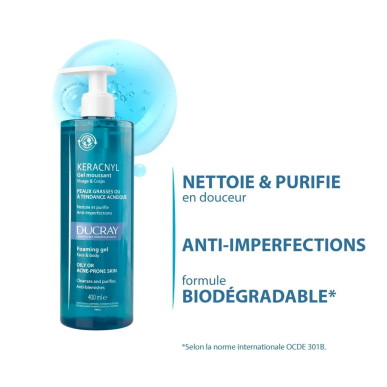 Ducray Keracnyl Gel Moussant Visage et Corps 400ml – Soins peau grasse, mixte et acné / Nettoyage | KERACNYL - Visage Tunisie | 