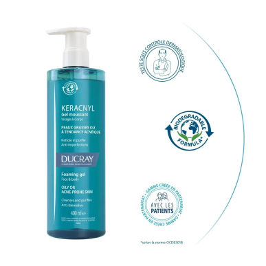 Ducray Keracnyl Gel Moussant Visage et Corps 400ml – Soins peau grasse, mixte et acné / Nettoyage | KERACNYL - Visage Tunisie | 