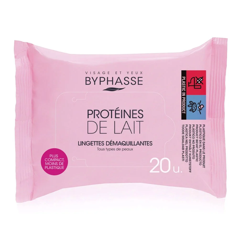 BYPHASSE Lingettes Demaquillantes Proteines de Lait tous Types de Peaux 20u