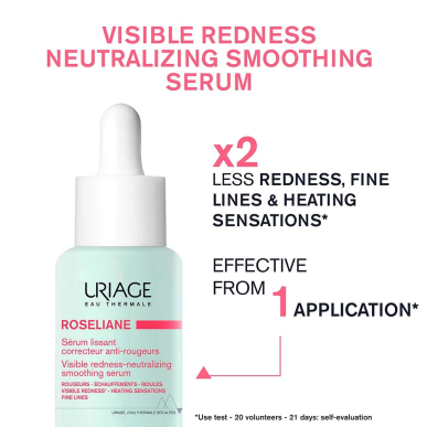 Uriage Roséliane Sérum Lissant Correcteur Anti-Rougeurs 30ml – Crème anti rougeurs - Rosacée et couperose | URIAGE - Visage Tuni