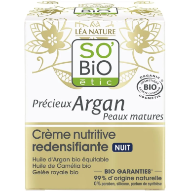 SO BIO Précieux Argan Crème Nutritive Redensifiante Nuit Peaux Matures 50ml – soins anti-âge et anti-rides / Rides marquées, per