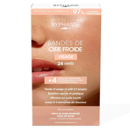 Byphasse Bandes de Cire Froide (24 Bandes + 4 Lingettes) Visage et zones délicates Peaux Sensibles – Epilation / Cire épilation 